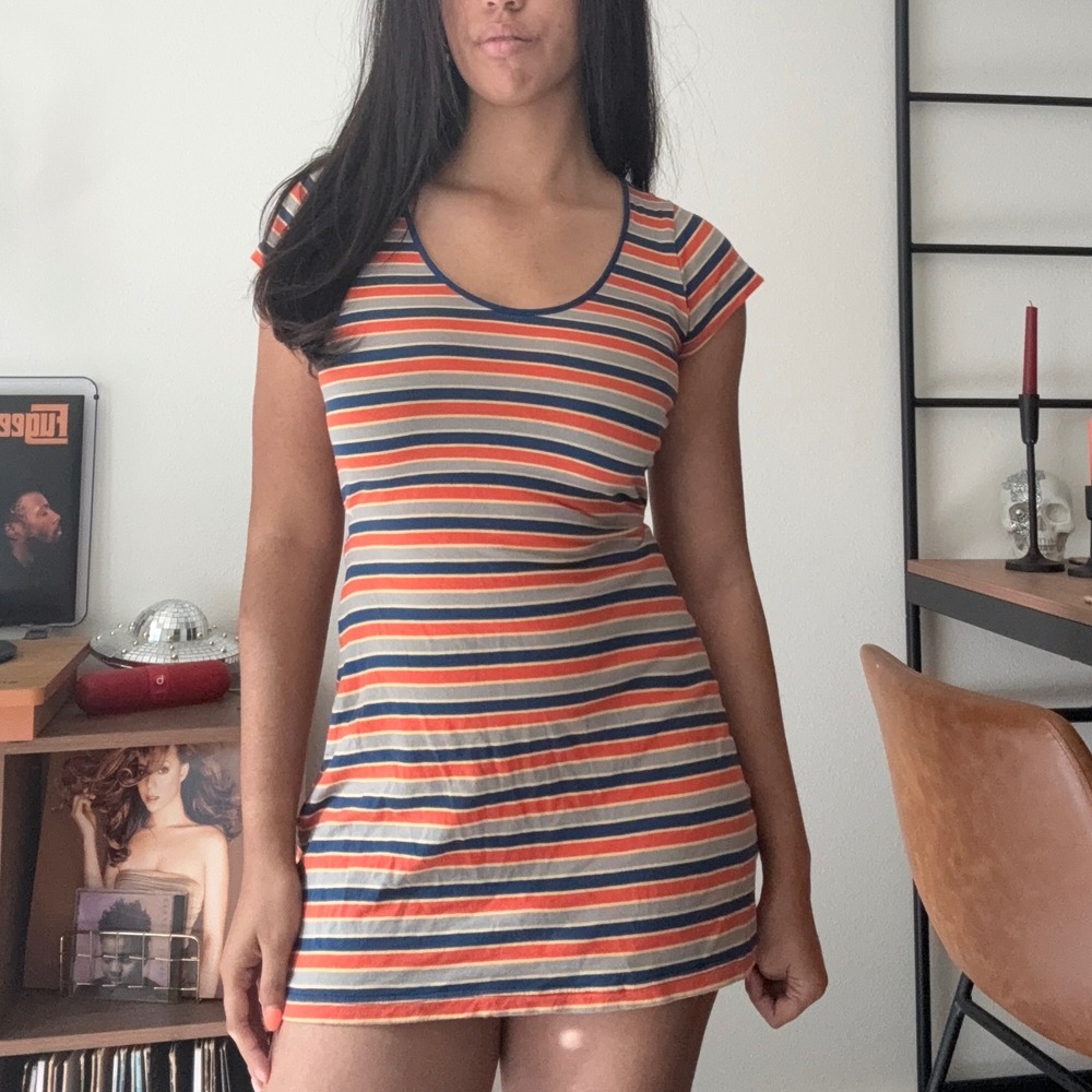 Tulle Womens Striped Short Sleeve Mini Dress Orange Navy Cotton Size M J9204